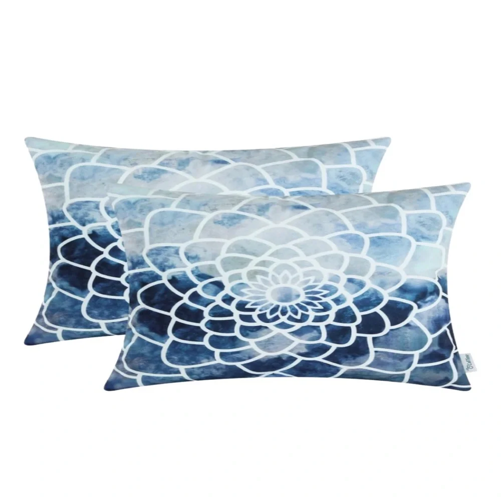 Luxury Home | Coastal Blue Watercolor Ombre Dahlia Print Lumbar Pillow Covers